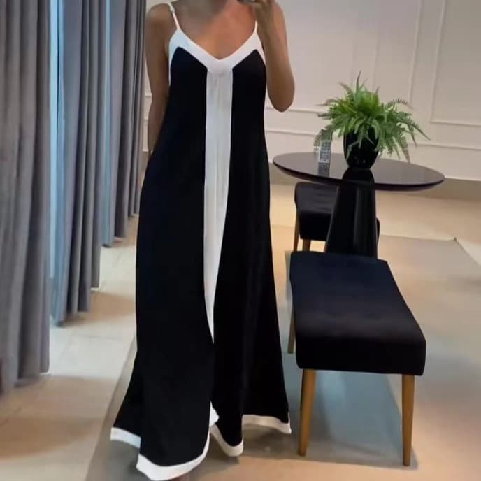 women's clothing temperament elegant contrast color V-neck long suspender dress