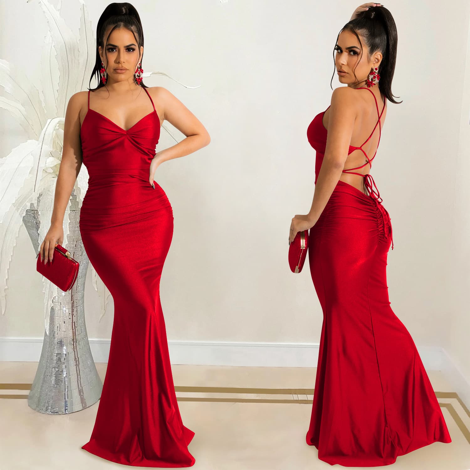 Women's Clothing Solid Color Sexy Suspender Wrapped Chest And Backless Strap Tight Long Skirt Dress