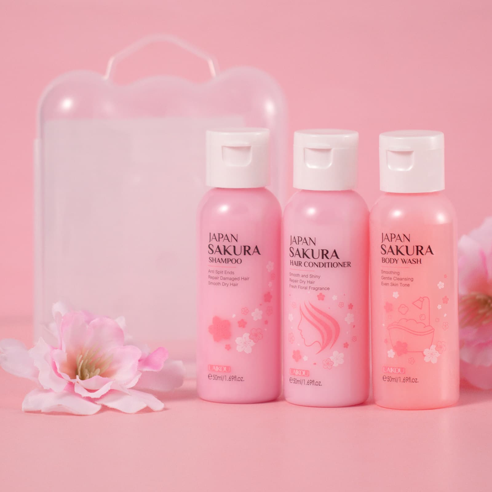 LAIKOU Japanese Sakura Bath & Hair Care Set 3 Piece Hydrating Moisturizing Cleansing