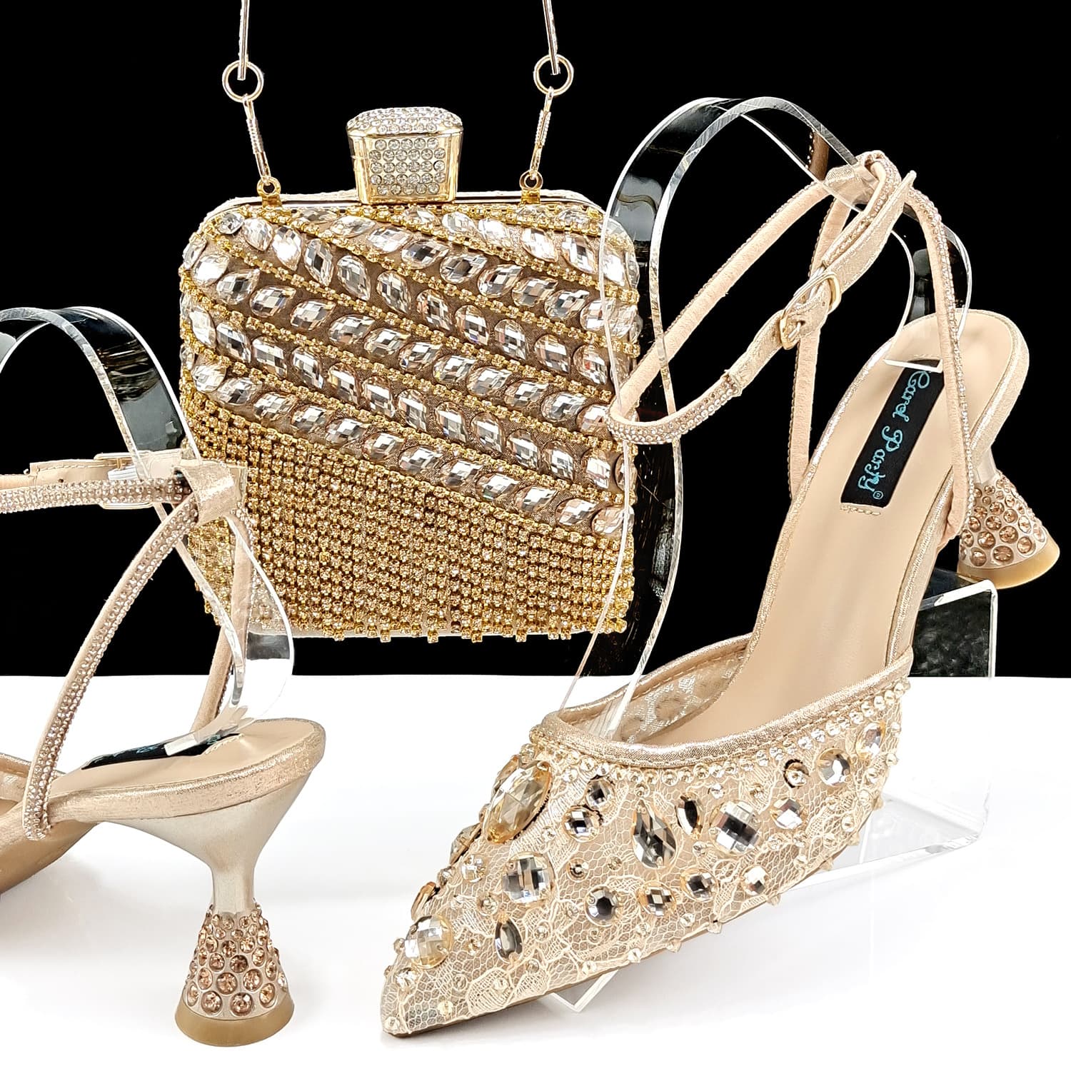 Fashion sexy women's shoe bag set lace mesh fabric ankle strap fringe rhinestone decoration
