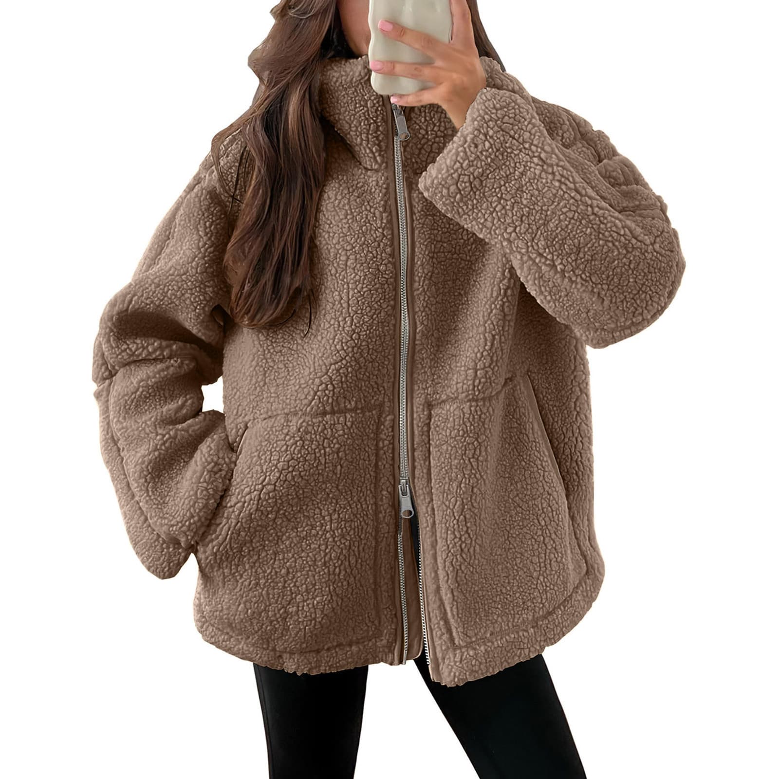 Women's Winter Fleece Coat With High Neck, Oversized Loose Fit, Warm And Cozy, Solid Color, Casual Elegance For Fall And Winter