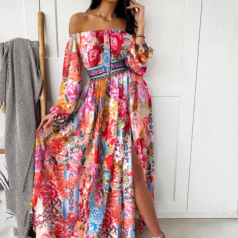 Dress Printed V-neck Retro Long Sleeve Swing Slit Long Dress