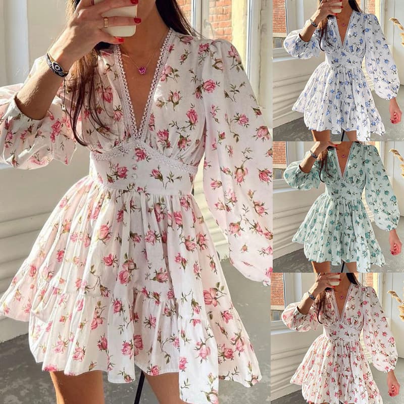 Women's Clothing Elegant Sweet Printed V Neck Pleated Short Long Sleeved Spring Dress
