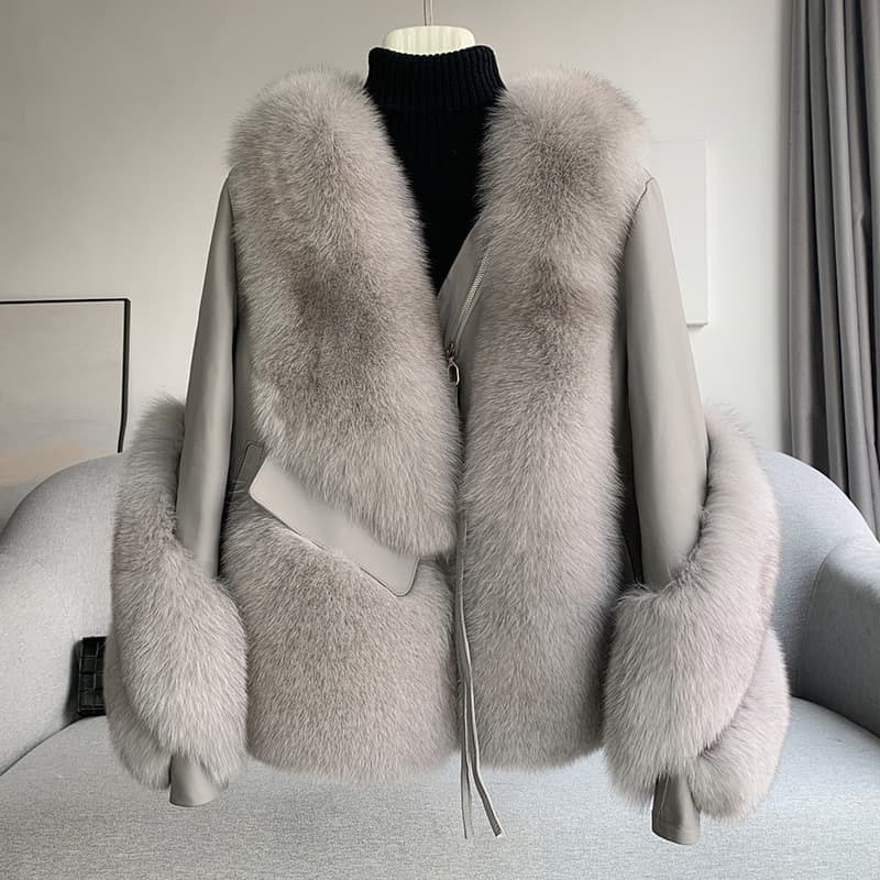 Women’s Short Shearling & Fox Fur Coat – Genuine Leather Outer With Luxe Fox Fur Lining, Elegant Winter Jacket For Fashion