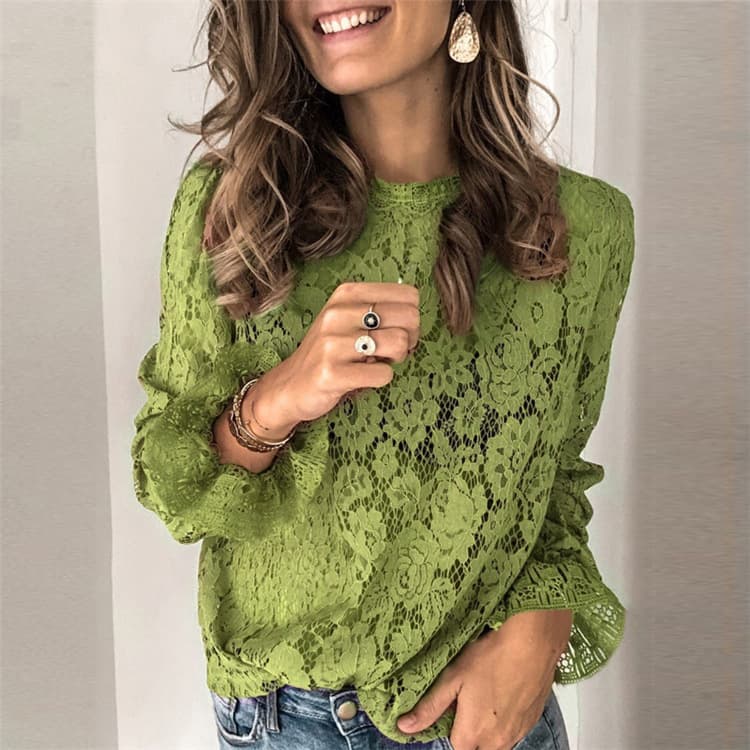New Flare Sleeves Long Sleeve Hollow Lace Shirt Women's Clothing