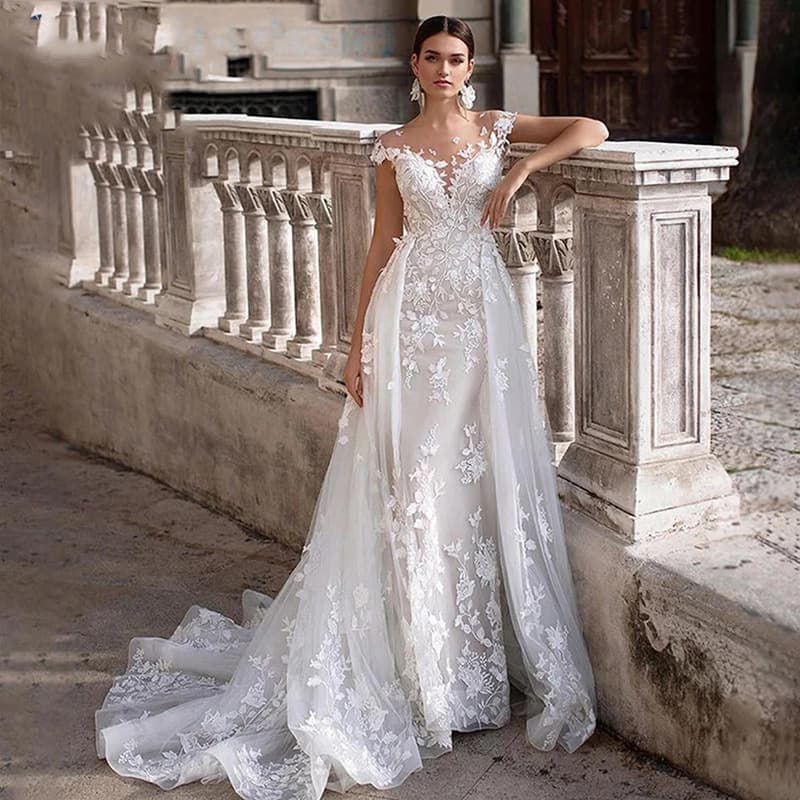 Women's Clothing Trailing Lace Wedding Dress New Style Dreamy Round Neck Slimming Fish White Bride Trailing Wedding Dress Two Wear Event Women