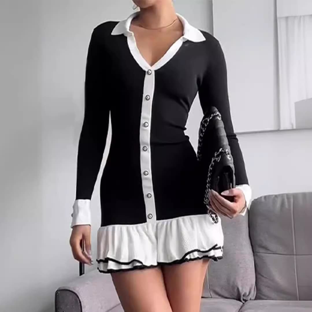 Women's Clothing Bow Tie Ruffle Knitted Skirt Long Sleeve Pearl Button Small Fragrance Style Dress