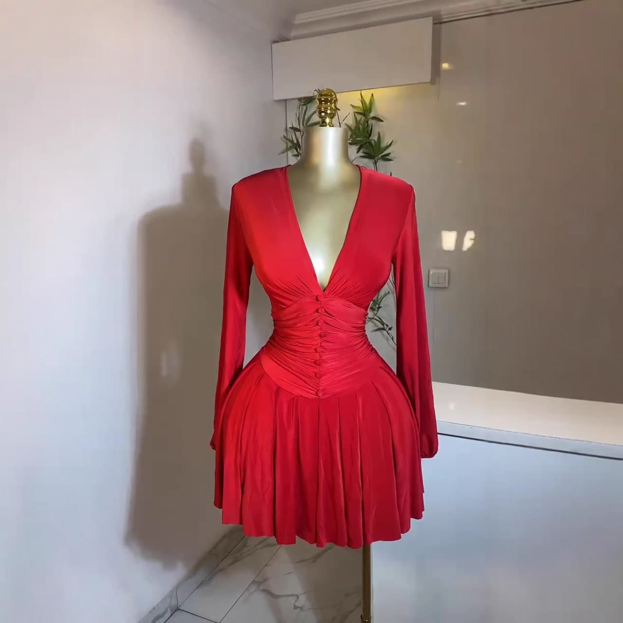 Women's Clothing Pleated V-Neck Long Sleeve Dress Slim Waist Short Skirt French Temperament Fashion