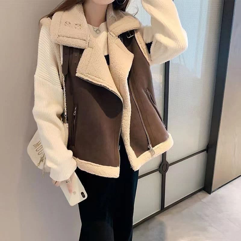 ​​Women’s Lambswool & Faux Suede Vest – Oversized Korean Style, Winter Warmth, Luxe Fur Trim (Beige/Khaki/Brown/Black, M-2XL)​​