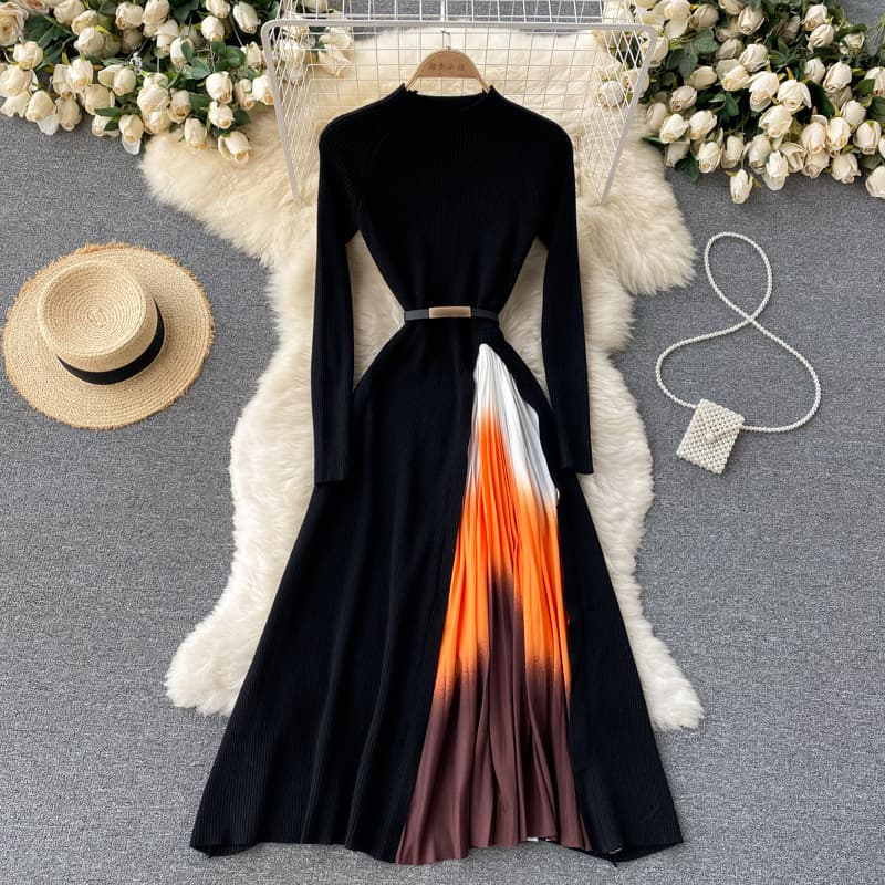 Women's elegant knitted stitching gradient color pleated slim waist wide swing dress women's new autumn wear