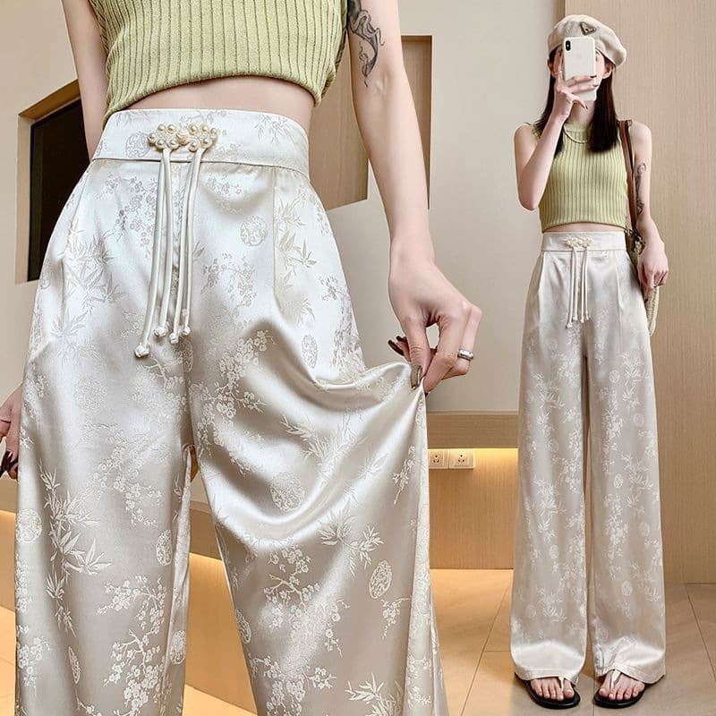 Women's Clothing High-Waisted Wide Leg Trousers Knot Button Detail Satin Jacquard Pattern Slimming Casual Floor-Length Spring/Summer Style