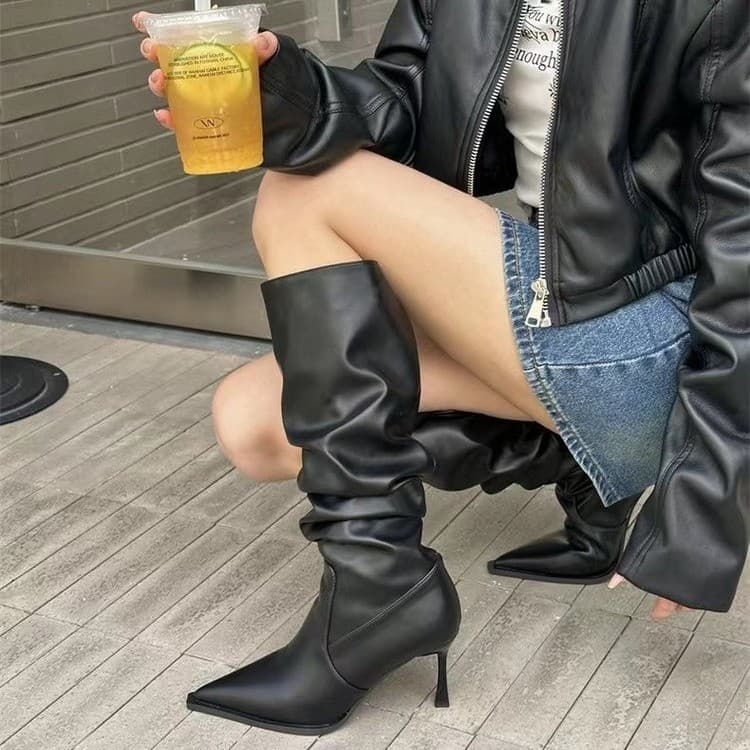European And American Style Pointed Toe Ruched For Women 2025 Autumn Thin Slouch High Heel Over-the-Knee Women's Long