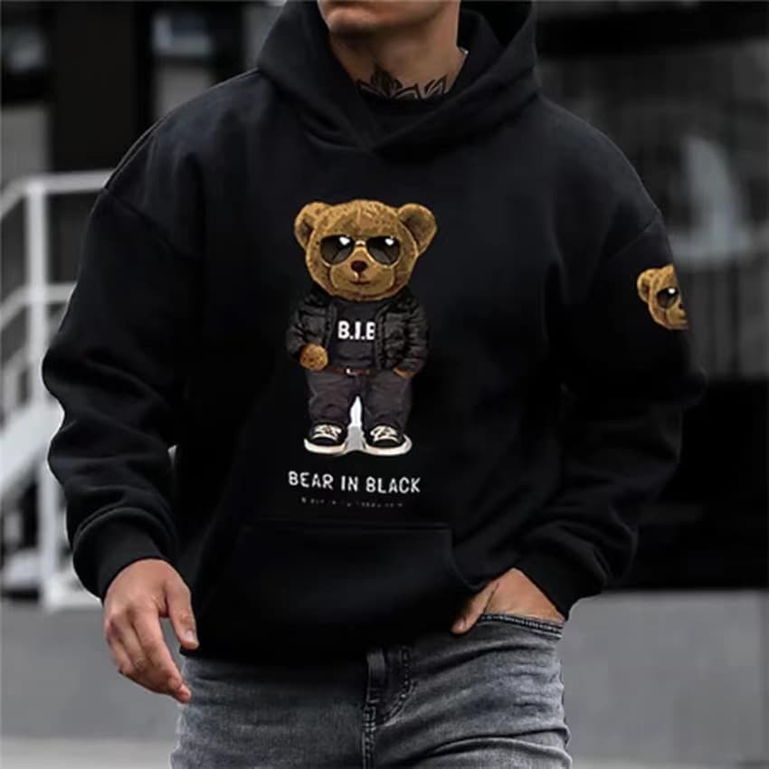 Men's Clothing 2024 New Men's Sweatshirt Bear In Black Bear Doll Print Long Sleeve Jacket Autumn and Winter Plush Sweatshirt