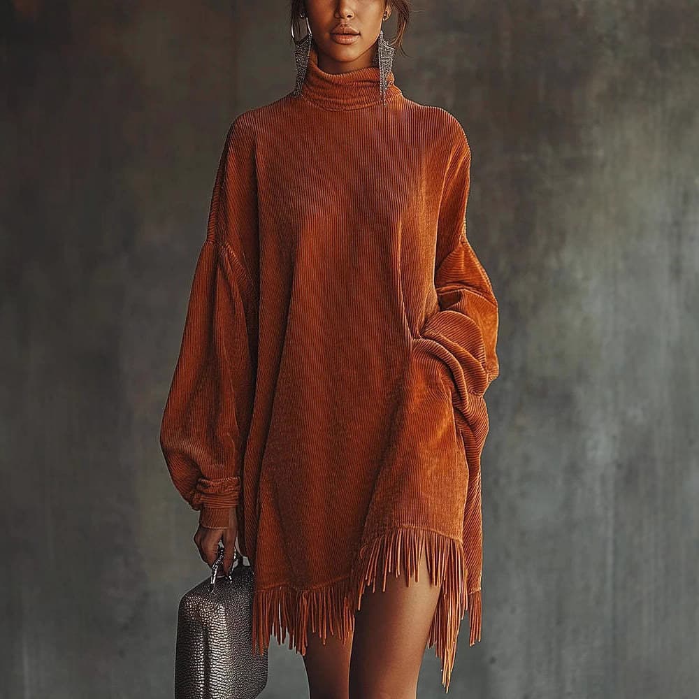 Women's Clothing Effortless Boho Corduroy Dress – Oversized Long Sleeve Tunic With Fringe Detail & Pockets
