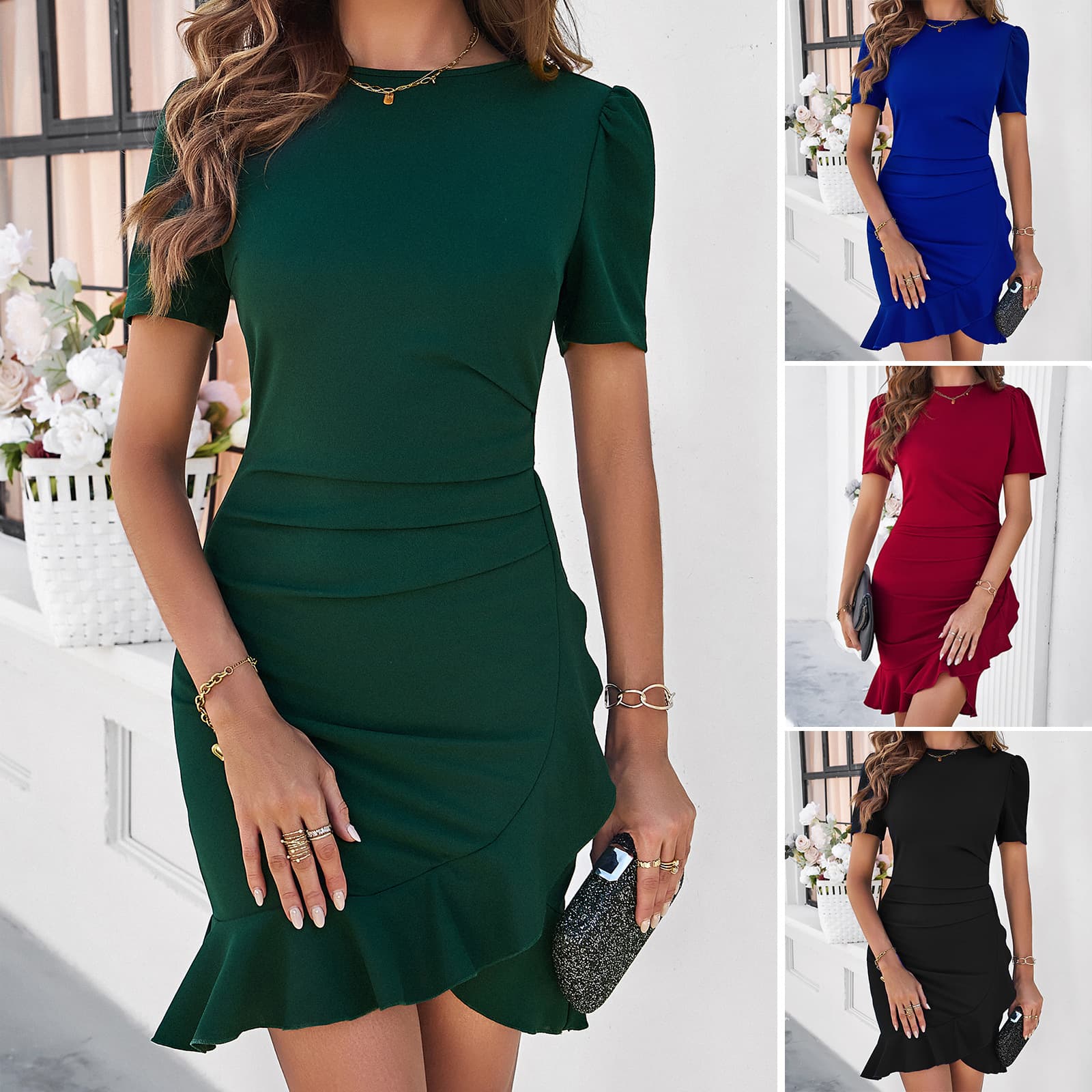 Women's Clothing Spring And Summer Temperament Elegant Solid Color Slim Hip Short Sleeved Dress