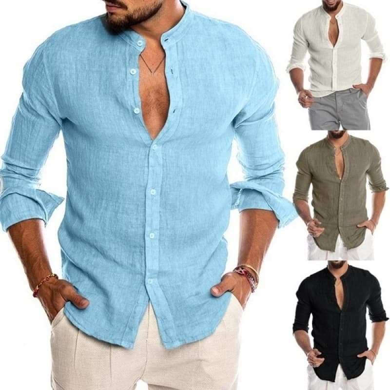 Men's solid color stand-up collar cardigan trendy casual long sleeve shirt shirt