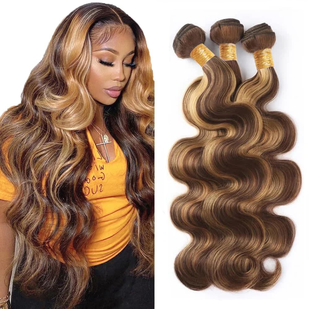 P4/27 Body Wave Bundles 100% Human Hair Brown Ombre Extensions Women