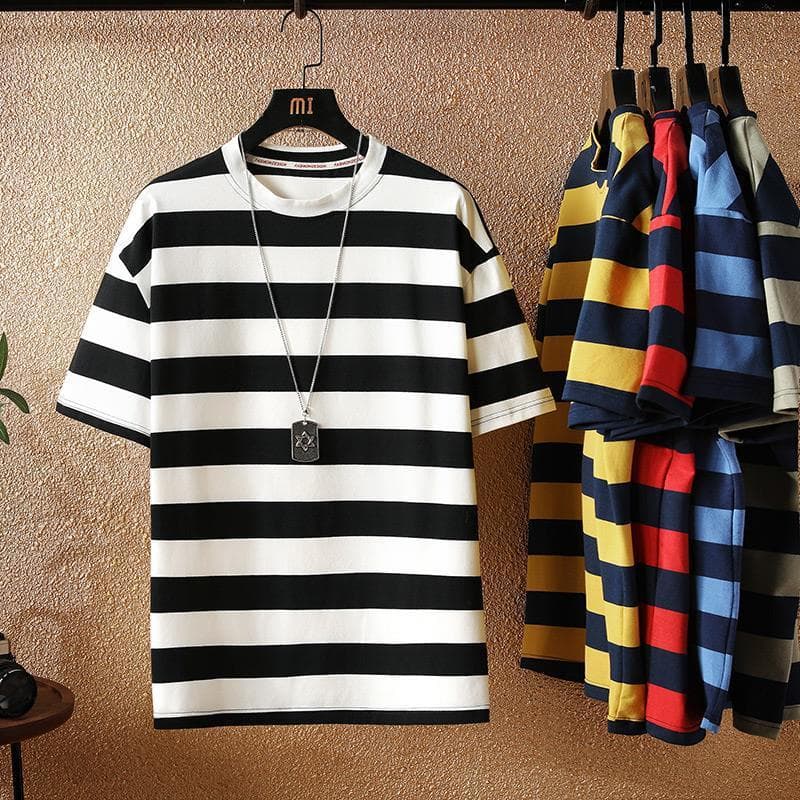Men's Clothing Short-sleeved T-shirt Men's Brand Personality Fashion All-match Striped Youth Round Neck Bottoming Shirt T-shirt