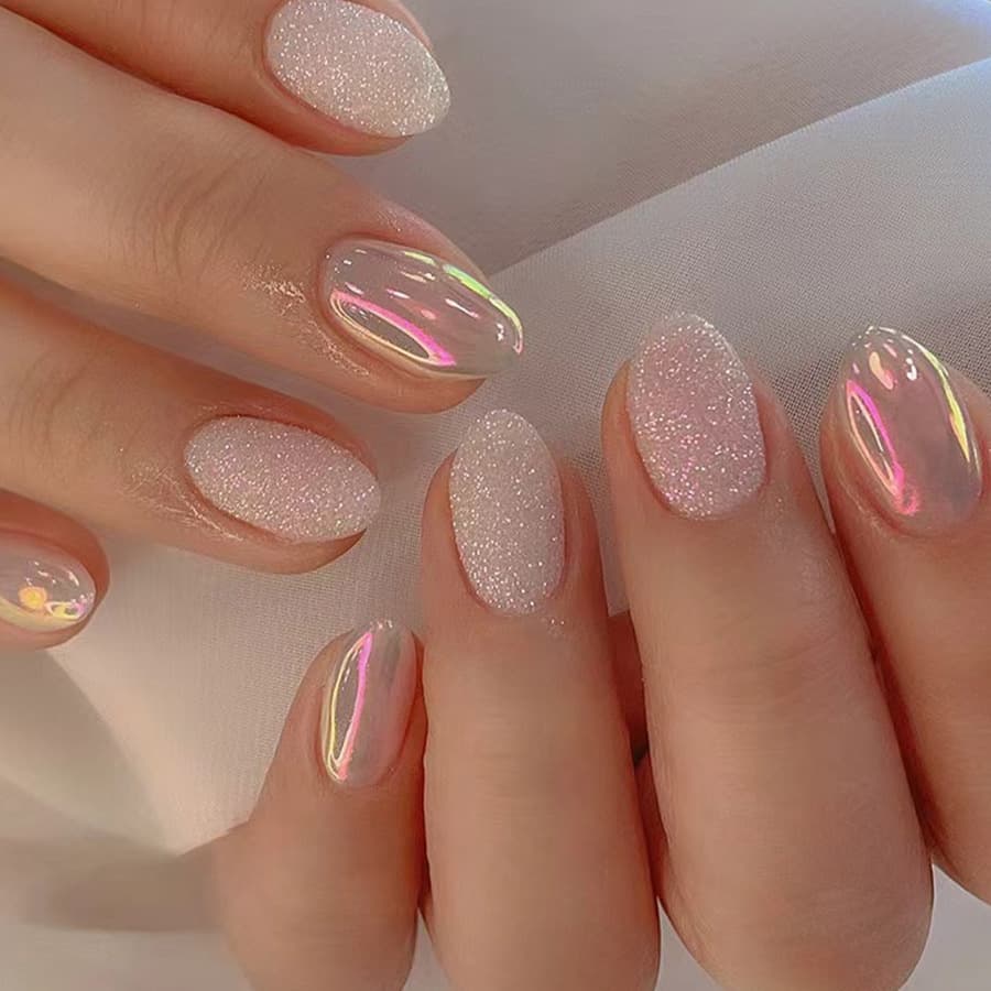 Short Glitter Light Color Gradient Wear Nail Pieces Fresh Fashion Cute European and American Foreign Trade Removable 24 Pieces
