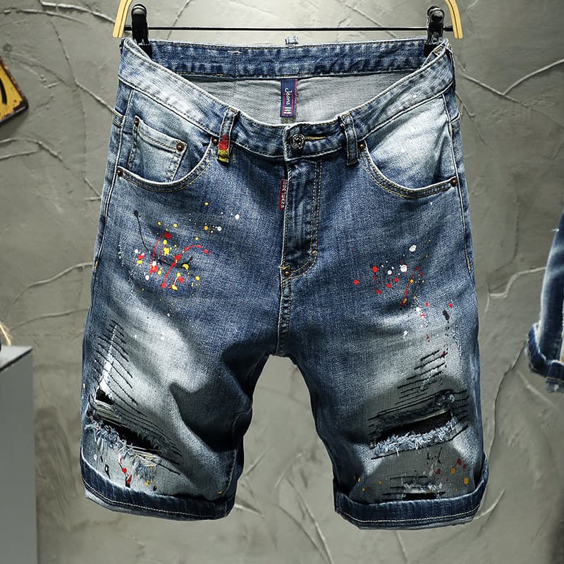 Men's style slim-fitting trendy men's five-point jeans ripped holes embroidered hand-painted paint dots white trendy pants for men