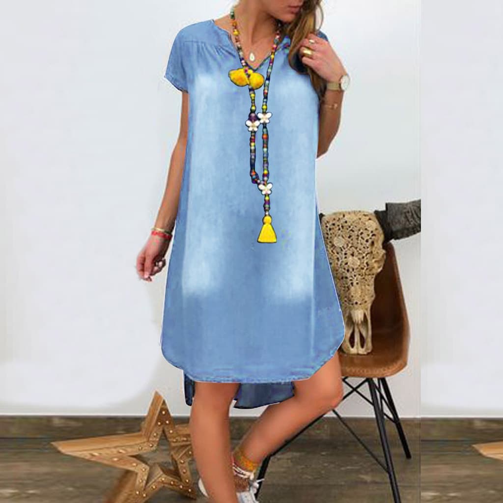 Women's casual plus solid color V-neck short-sleeved denim dress