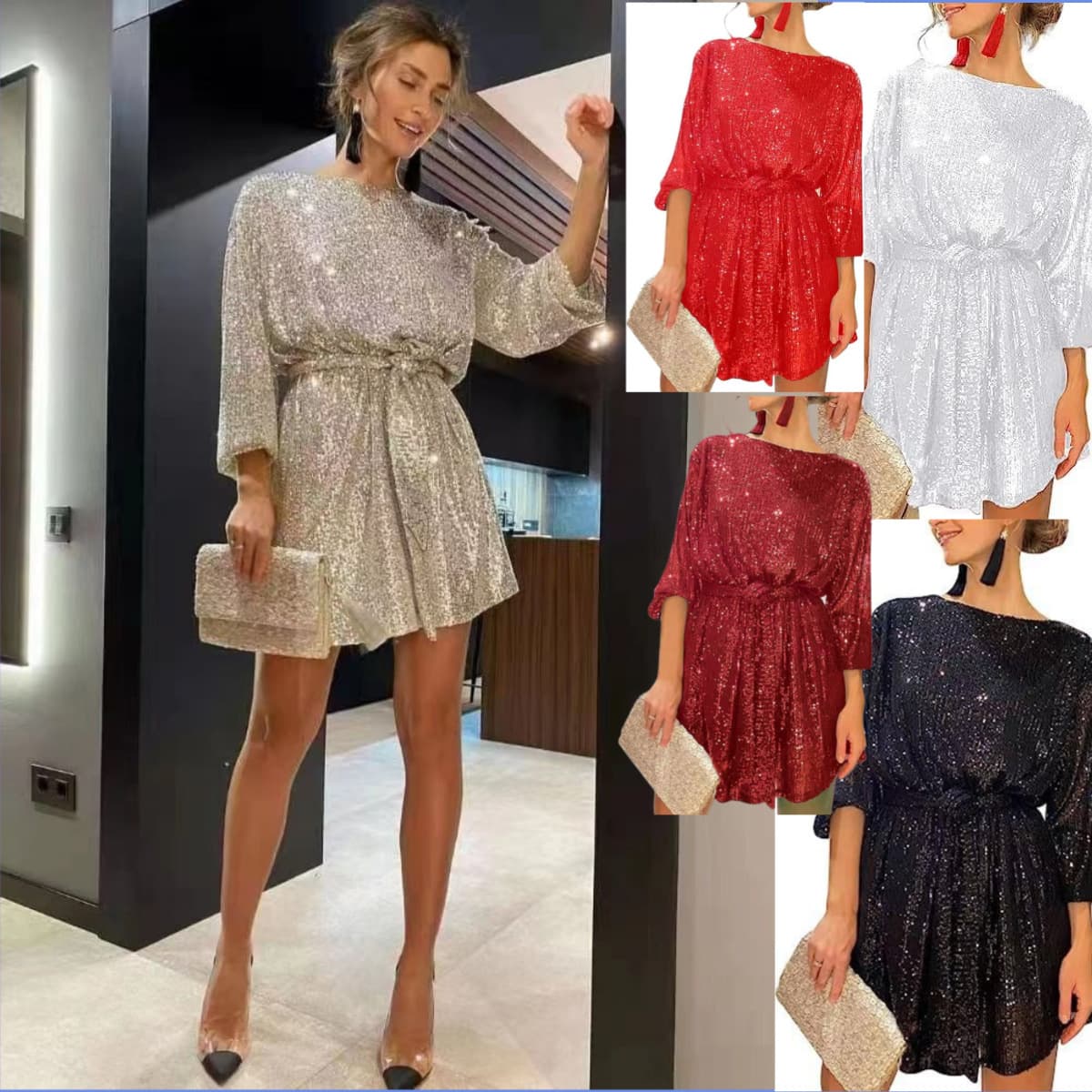 Women's Clothing round neck long sleeve casual loose sequin dress