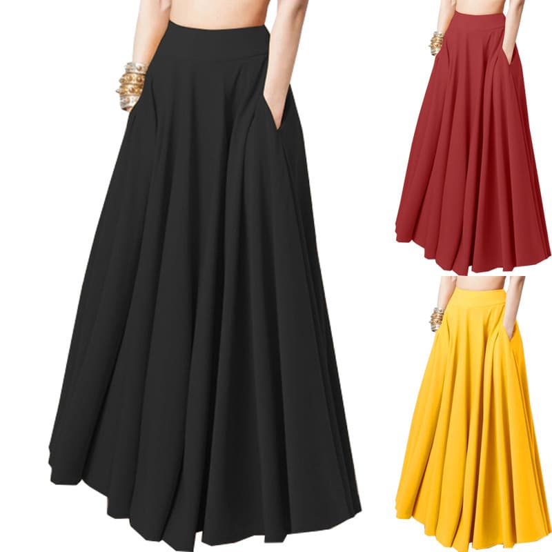 Women's Solid Color Half length Dress with pleats Elastic Waist Skirts
