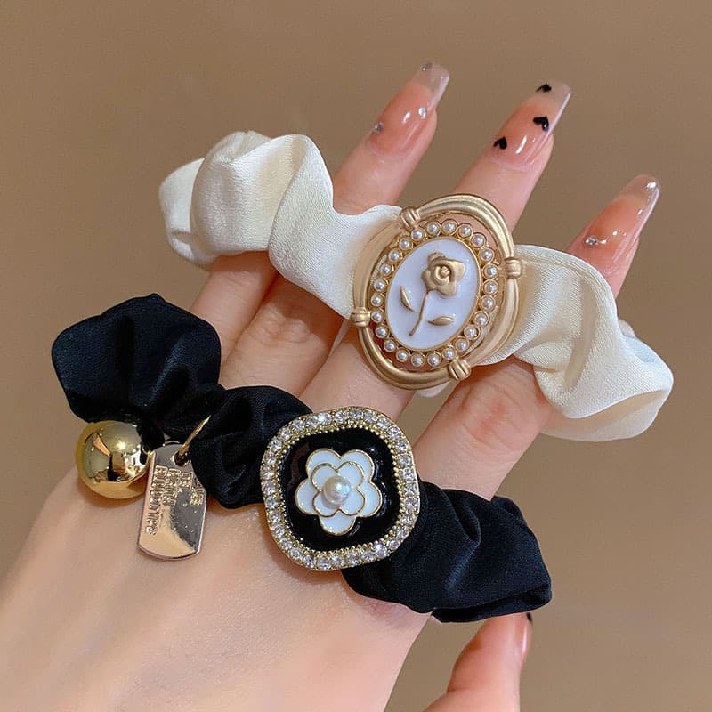 Elegant French Alloy Rose Hair Tie Set - Stylish High Ponytail & Bun Accessories For Women (Black/White)​