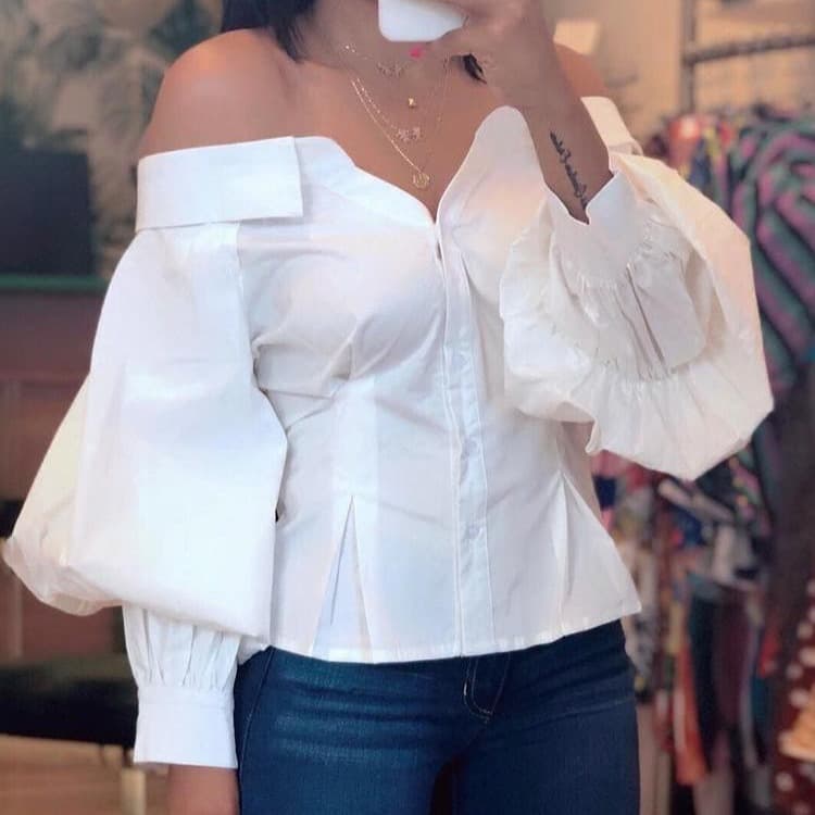 Spot Black Off-shoulder One-shoulder Lantern Sleeve Shirt