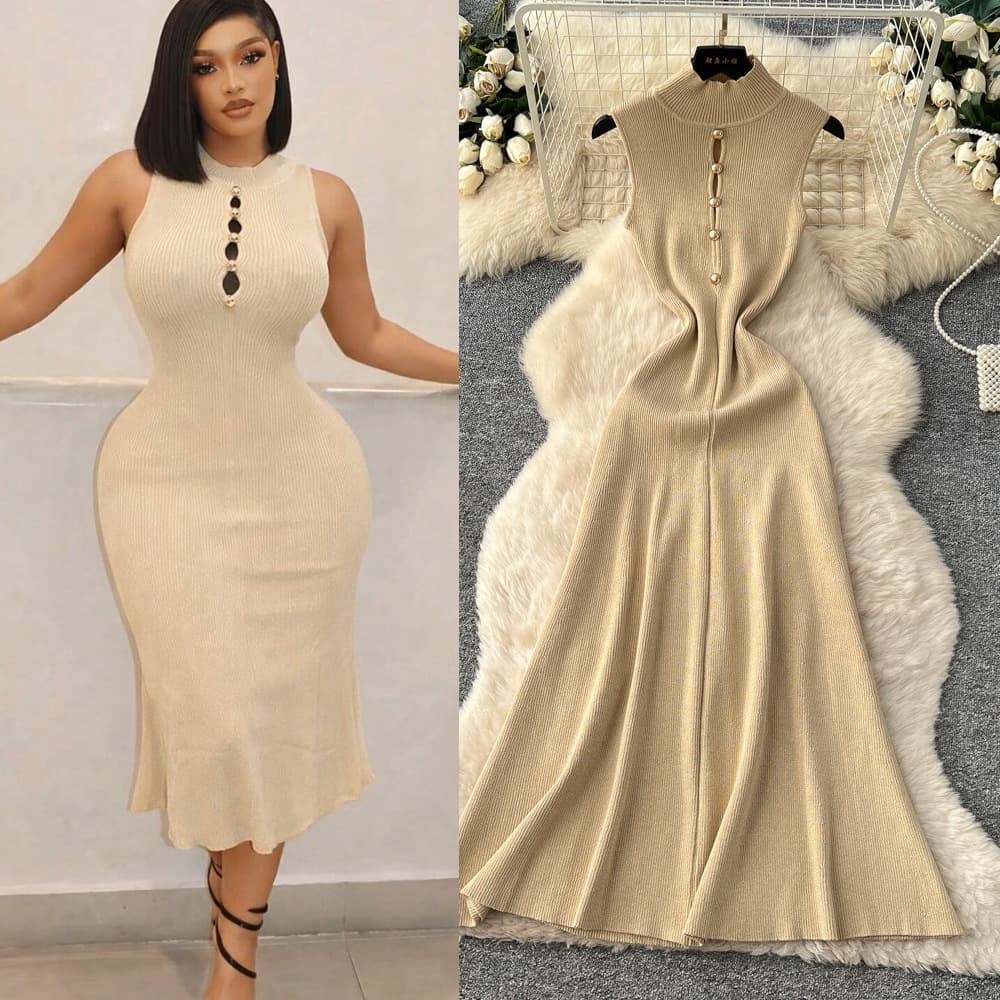 Elegant High-Neck Knit Dress With Hollow Metal Buckle - Minimalist Winter Long Dress For Women