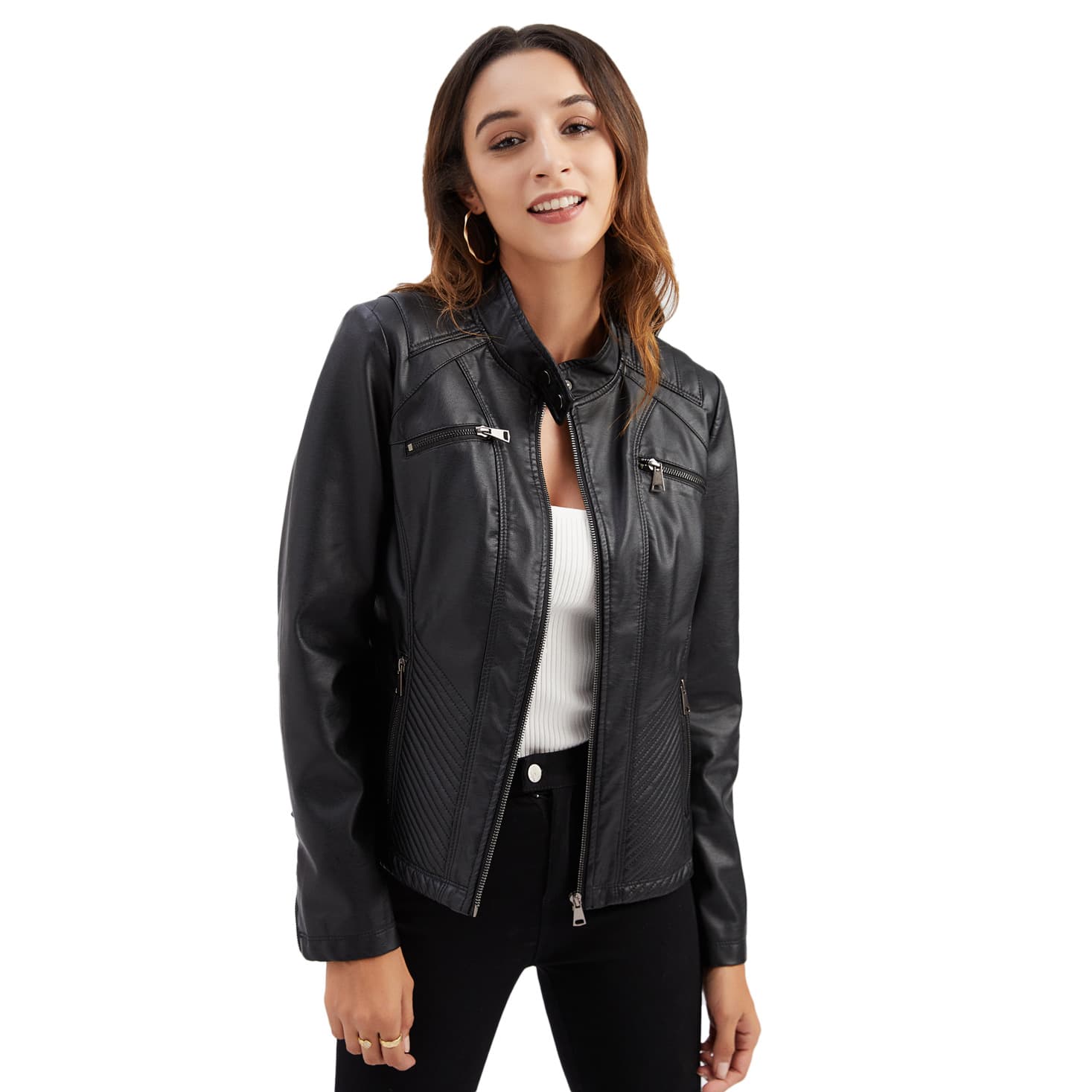 2025 New Casual Stand Collar Slim Fit Coat Spring Autumn Solid Color Women's Leather Jacket