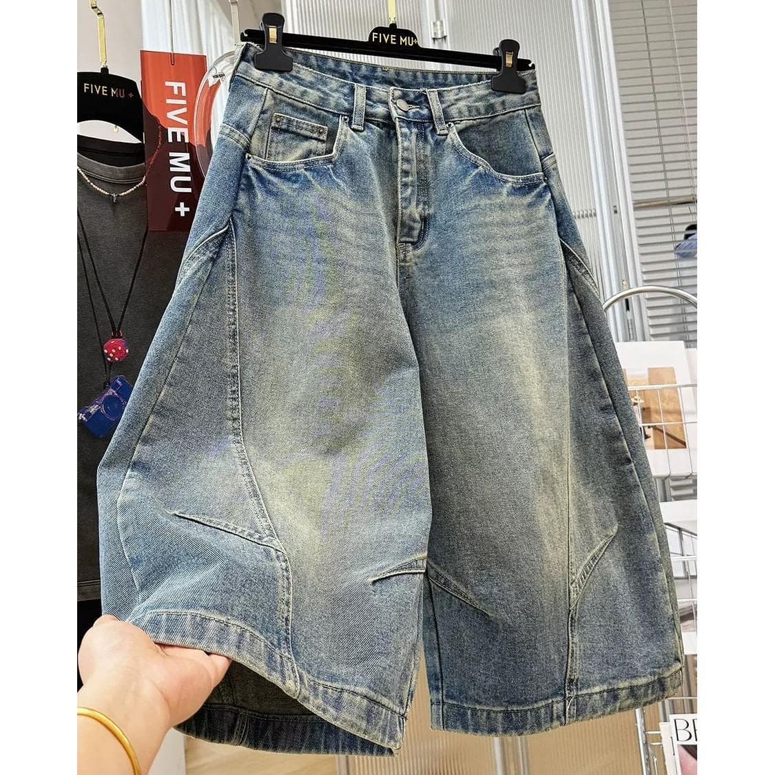 Men's Clothing Men's Distressed Washed Denim Capri Pants Deconstructed Cutaway Curved Blade Mid Length Loose Wide Leg Shorts