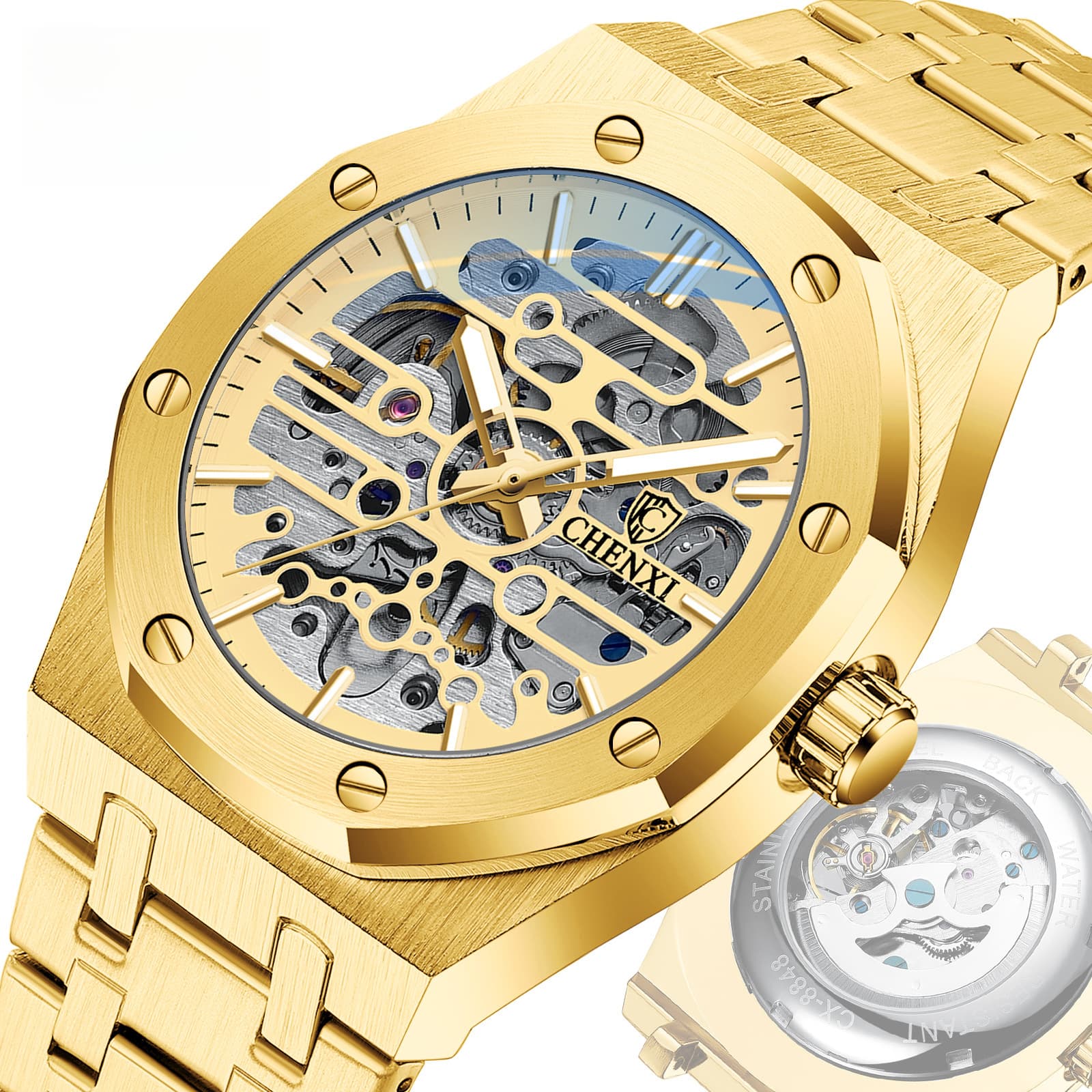 New Mechanical Watch Men's Steel Belt Hollow Automatic Mechanical Watch Men's Business Fashion Men's Birthday Valentine's Day Gift