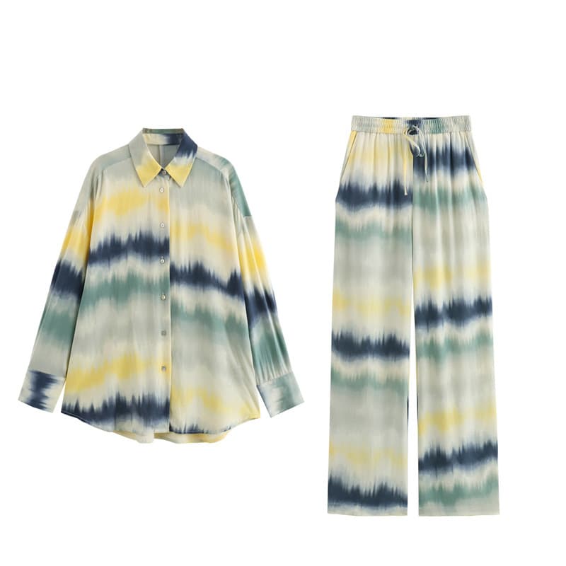 Women's Clothing Women's New Tie Dye Printed Drape Shirt High Waist Lace Straight Pants