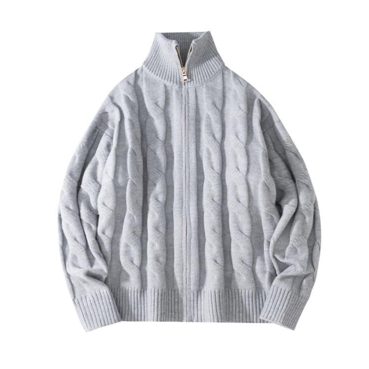 ​​Men's Semi-Turtleneck Sweater, Chunky Knit Cardigan With Cable Pattern, Oversized Streetwear Style For Couples (Black, Grey)​​