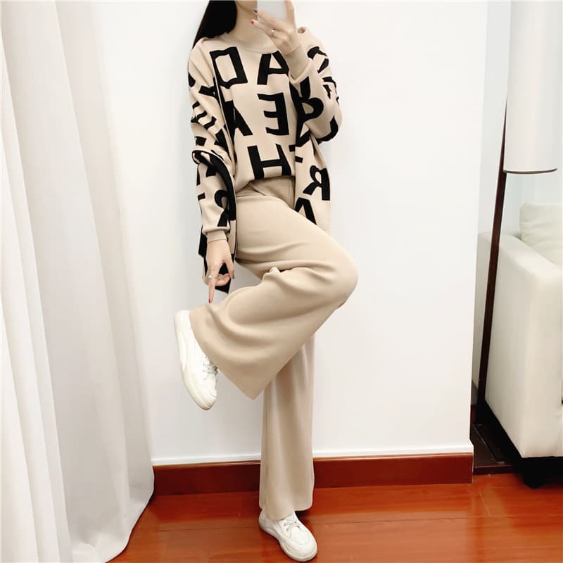 Women's Clothing knitted suits for women autumn and winter leisure fashion temperament scarf sweater wide leg pants three piece suit