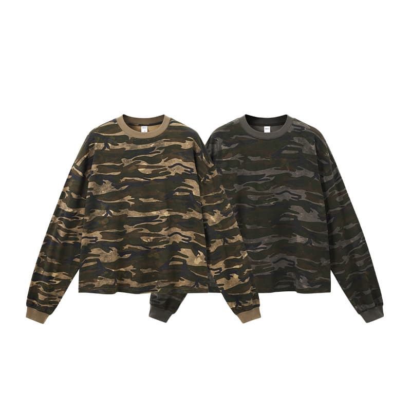 Streetwear Camo Box Fit Long Sleeve T-Shirt For Men – Oversized Relaxed Crew Neck Tee (Dark Grey Camo, Khaki Camo)
