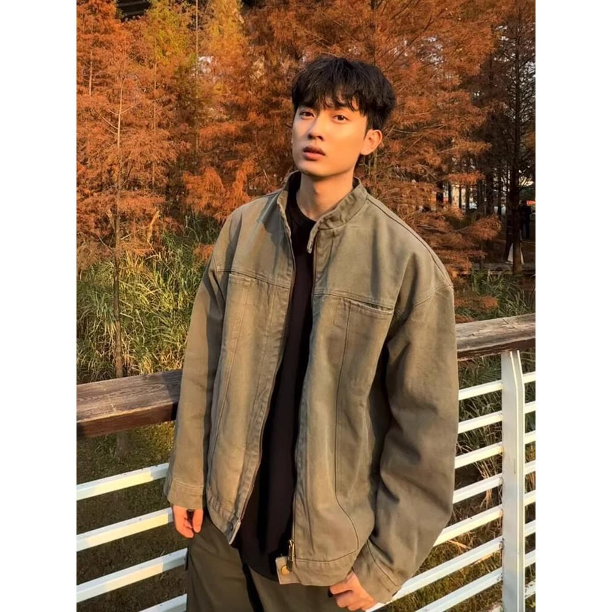 American Heavy Industry Washed Worn Stand Up Collar Workwear For Men And Women In Spring, Trendy Brand Loose Casual