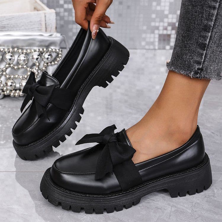 Vintage Little Leather Shoes With Thick Soles And Mid-heels