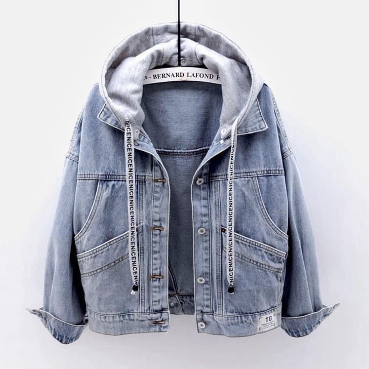 Women's Clothing hooded denim jacket women's short fashion large pocket jacket casual top