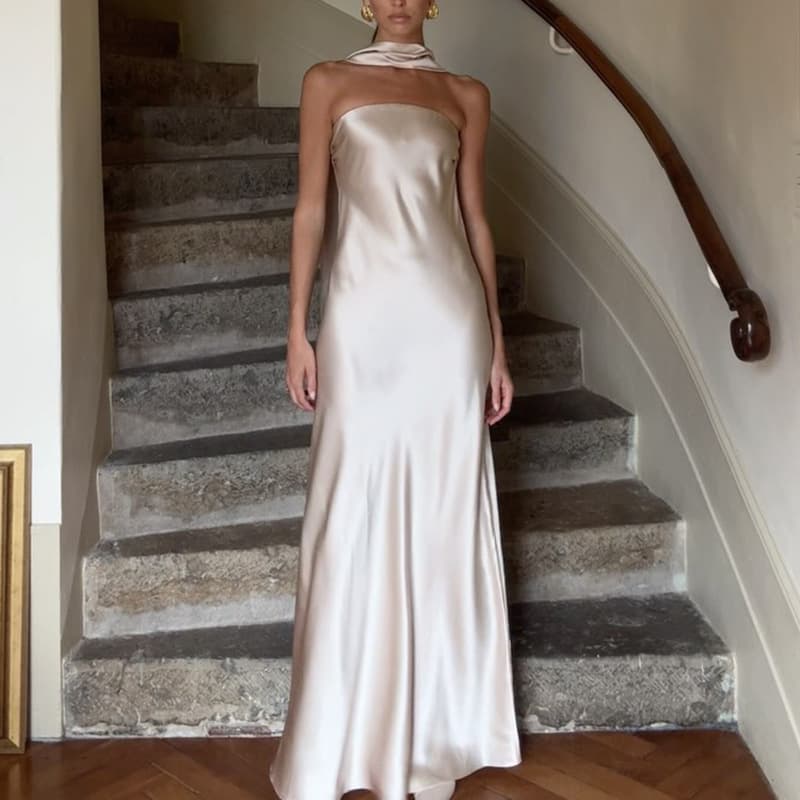 Women's Clothing Temperament Satin Evening Dress Suspenders Dress Dress Female