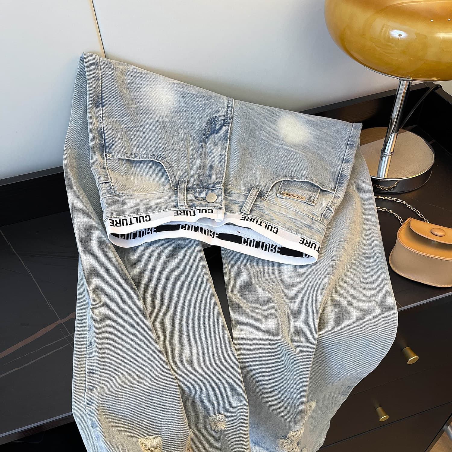 American Retro Patchwork Distressed Jeans For Women, New Spring And Autumn Style, Light Blue, High-waisted, Slimming,