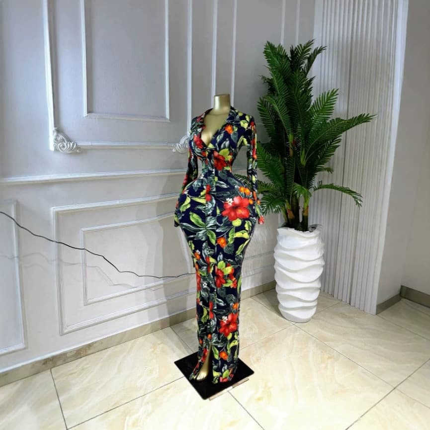 Women's Slimming Waist Cinching Dress Long Sleeved Collared Print American Style Single Breasted New Arrival