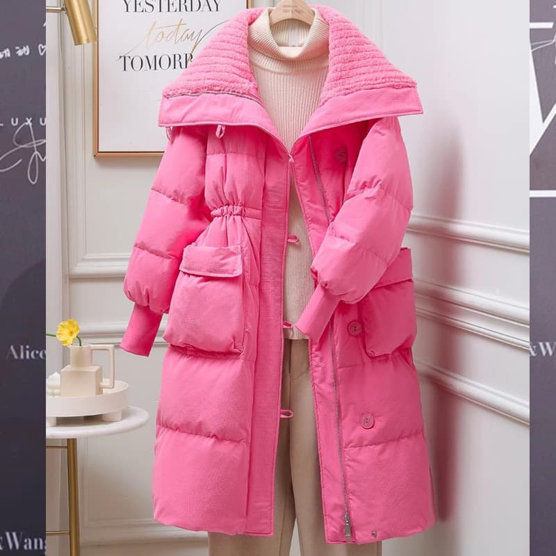 Women's Clothing Cotton coat for women in winter, mid length Korean style, fashionable design, over knee long, large lapel cotton coat, retro coat