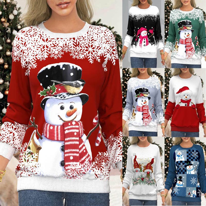 Women's Christmas print shoulder print T-shirt