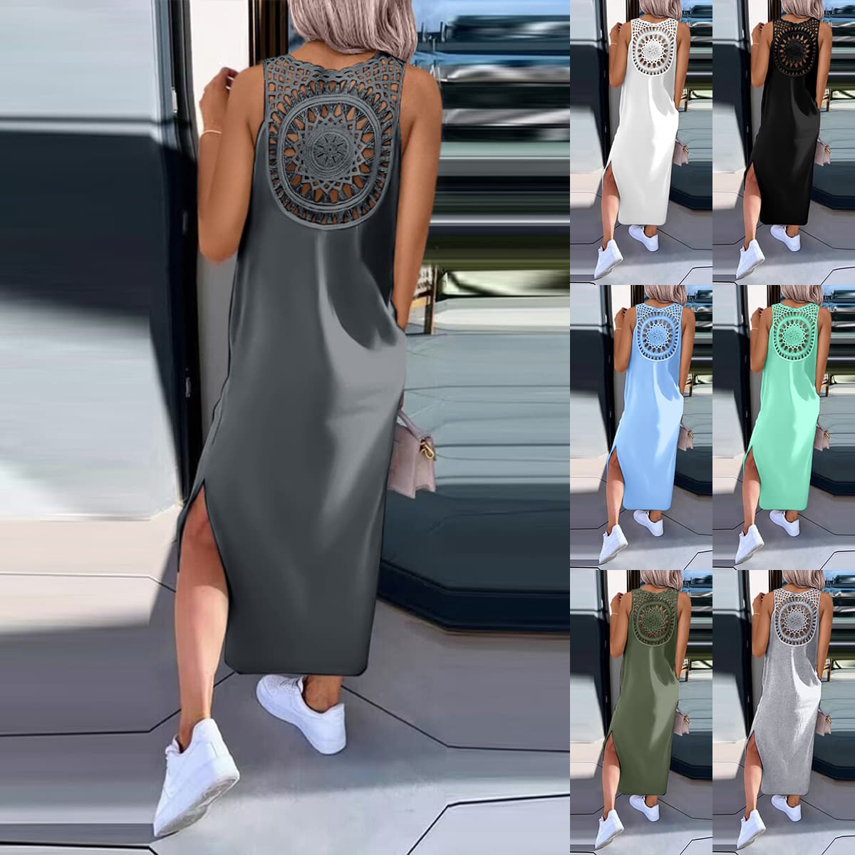 women's clothing 2024 summer solid color back hollow lace sleeveless slit dress