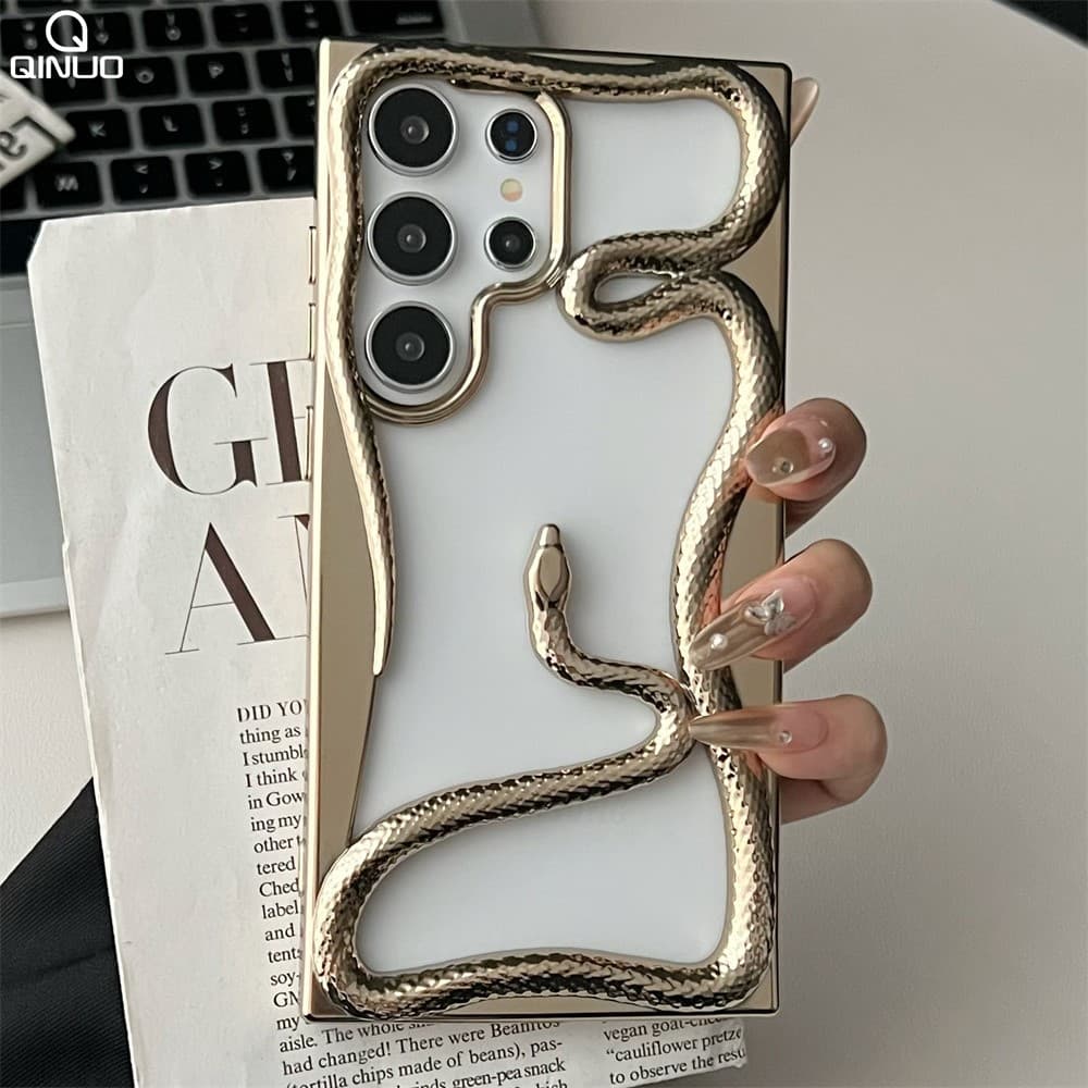 Luxury 3D Snake Hollow Dissipate Heat Phone Case For Samsung Galaxy S25 S24 S23 FE S22 Ultra Shockproof Electroplated Soft Cover