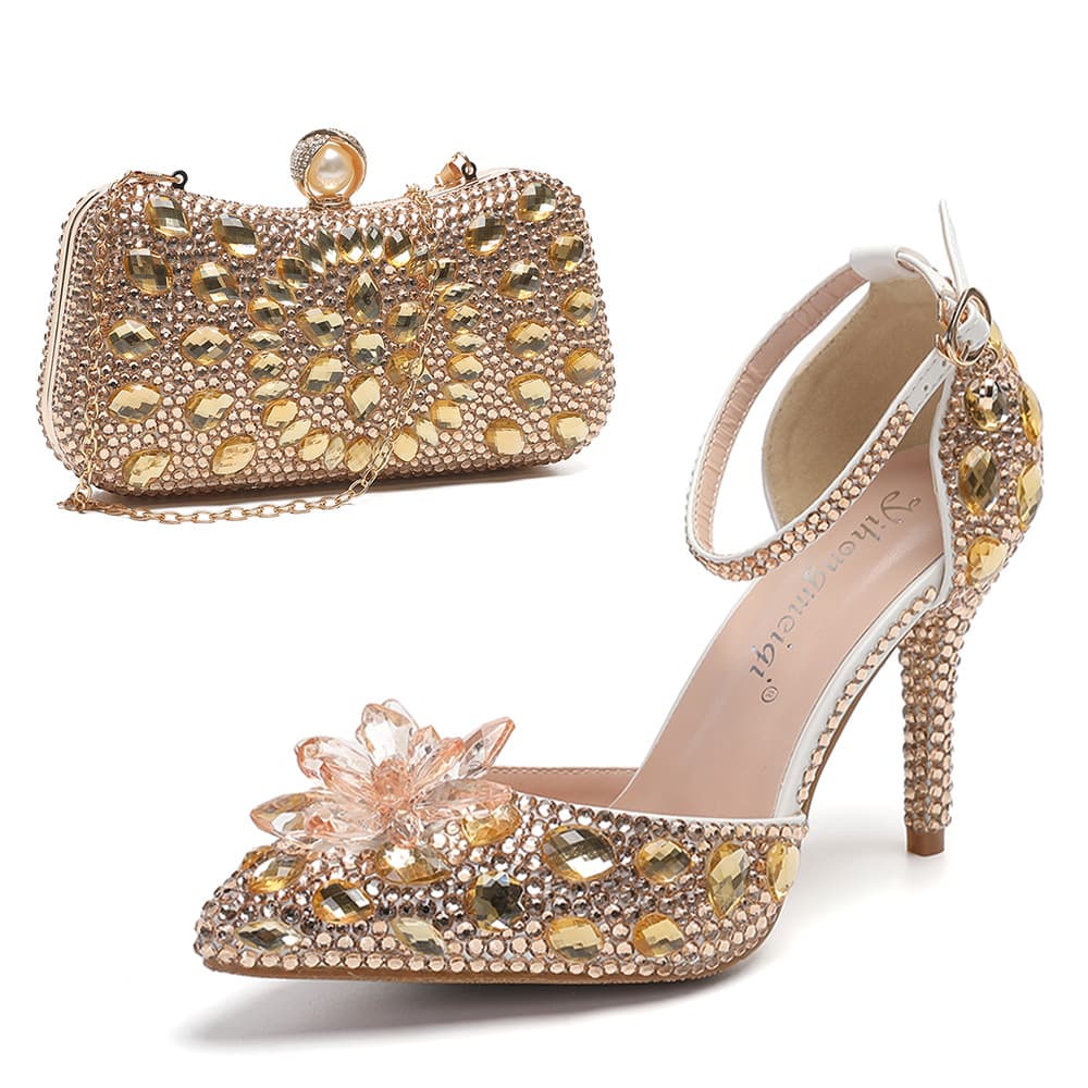 Women's Shoes sandals with stilettos and pointed toes, crystal glass flowers, champagne gold, banquet evening bag combination women's shoes