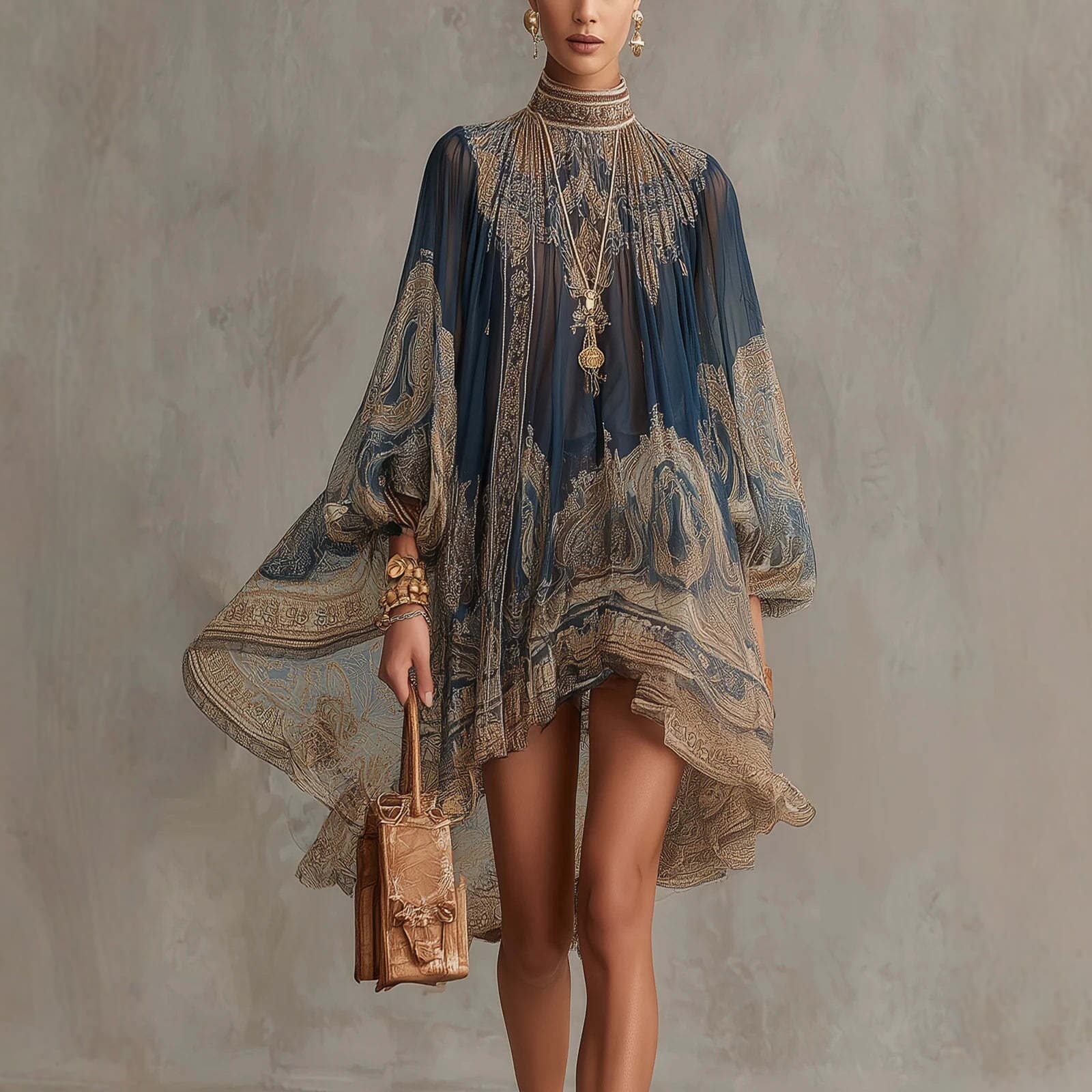 Elegant High-Neck Printed Chiffon Maxi Dress With Flowy Sleeves And Shawl Collar For Vacation & Boho Style