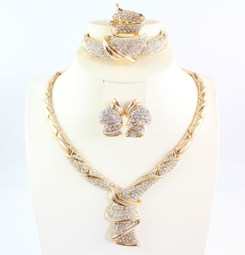 African Beads Jewelry set Women Gold Color Crystal Wedding Party Necklace Bangle Earring Ring Fine Jewelry Set